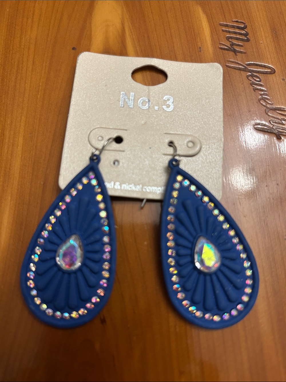 Metal Navy Teardrop Crystal Drop Earrings